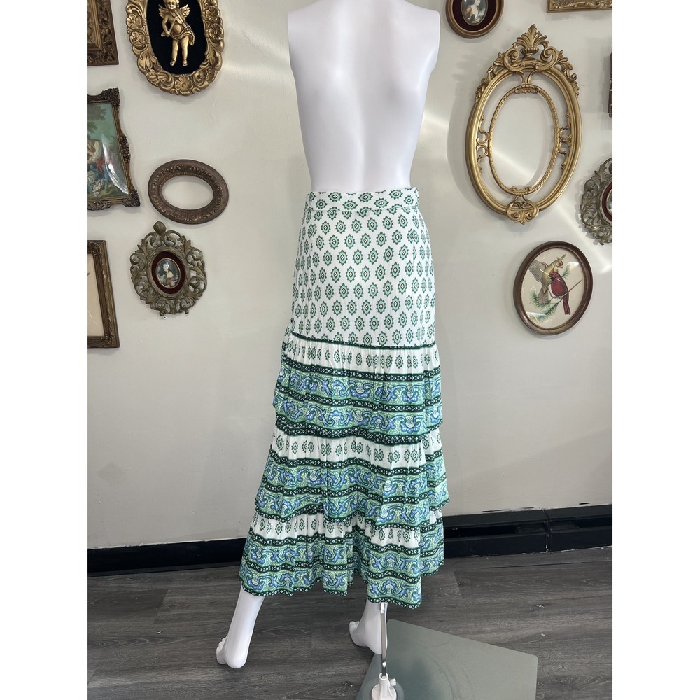 Sandro Paris Green Paisley Tile Linen Blend Tiered Maxi Skirt 1 - Picture 2 of 6
